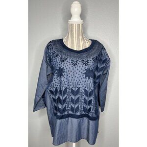 Oaxaca Mexican Embroidered Woman’s Tunic Size S/M Navy Blue Boho Top FLAW